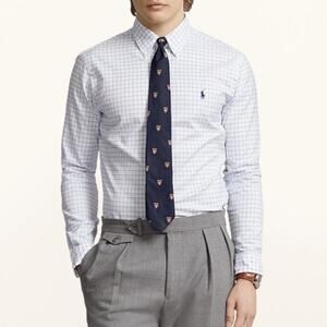 Ralph Lauren‎ Custom Fit White Blue Plaid Checkered Button Down Shirt Academia